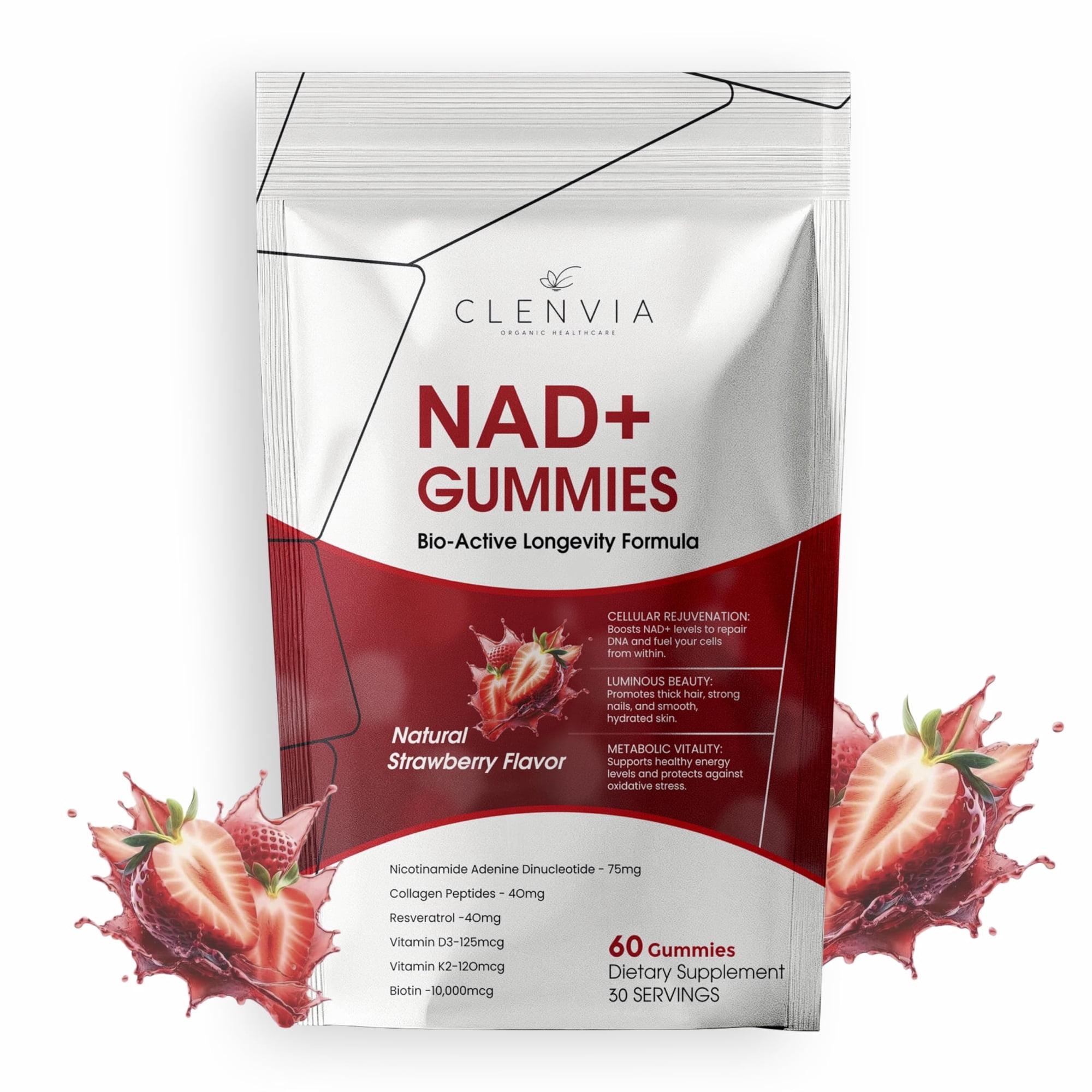 Clenvia NAD+ Gummies – Bio-Active Longevity Formula with Resveratrol, Collagen, Biotin, Vitamin D3 & K2 – Energy, Beauty & Cellular Support – Strawberry Flavor – 60 Gummies