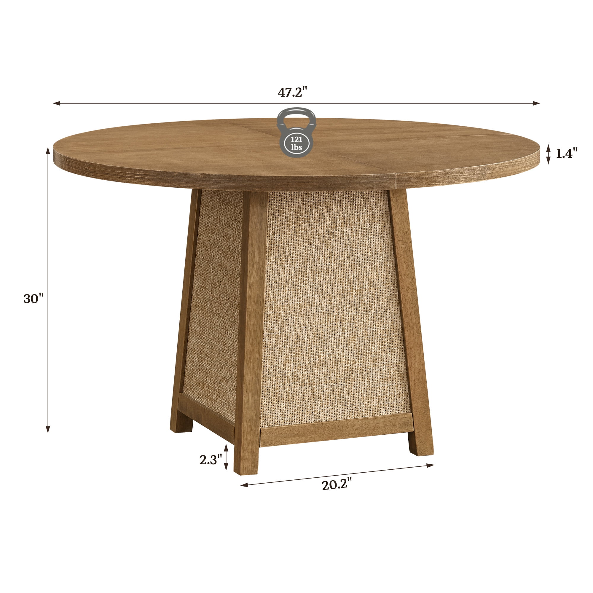 SICOTAS 47" Boho Round Solid Wood Dining Table for 4, Farmhouse Rattan Kitchen Table with 1.4" Thickened Tabletop for Dining Room, Living Room, Natural Wood