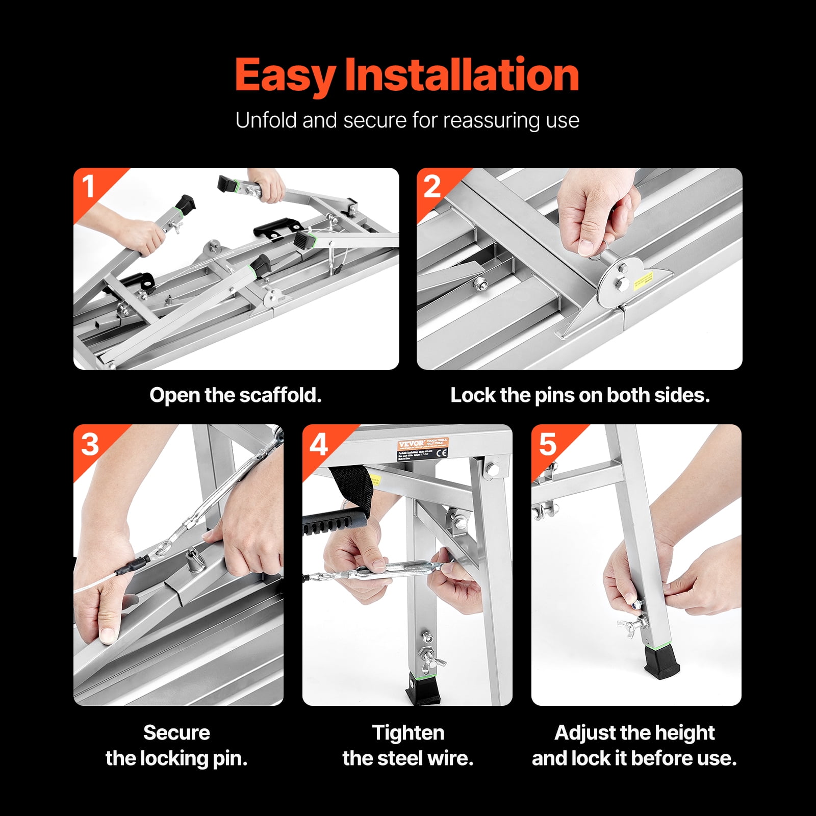 VEVOR Work Platform, 3 Gear Adjustable Height, Folding Alloy Steel Step Ladder, Portable Scaffolding Platform, 400 lb Load Capacity,Non-Slip Rubber Feet, Drywall Painting Stool,for Cleaning &Washing