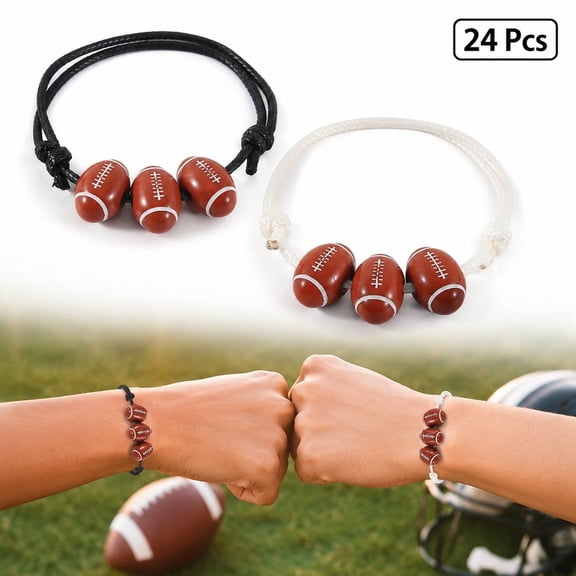 24 Pcs Football Charm Bracelet, Elastic Sports Beaded Bracelet for Game Day & Team Fans, Black & White Cord