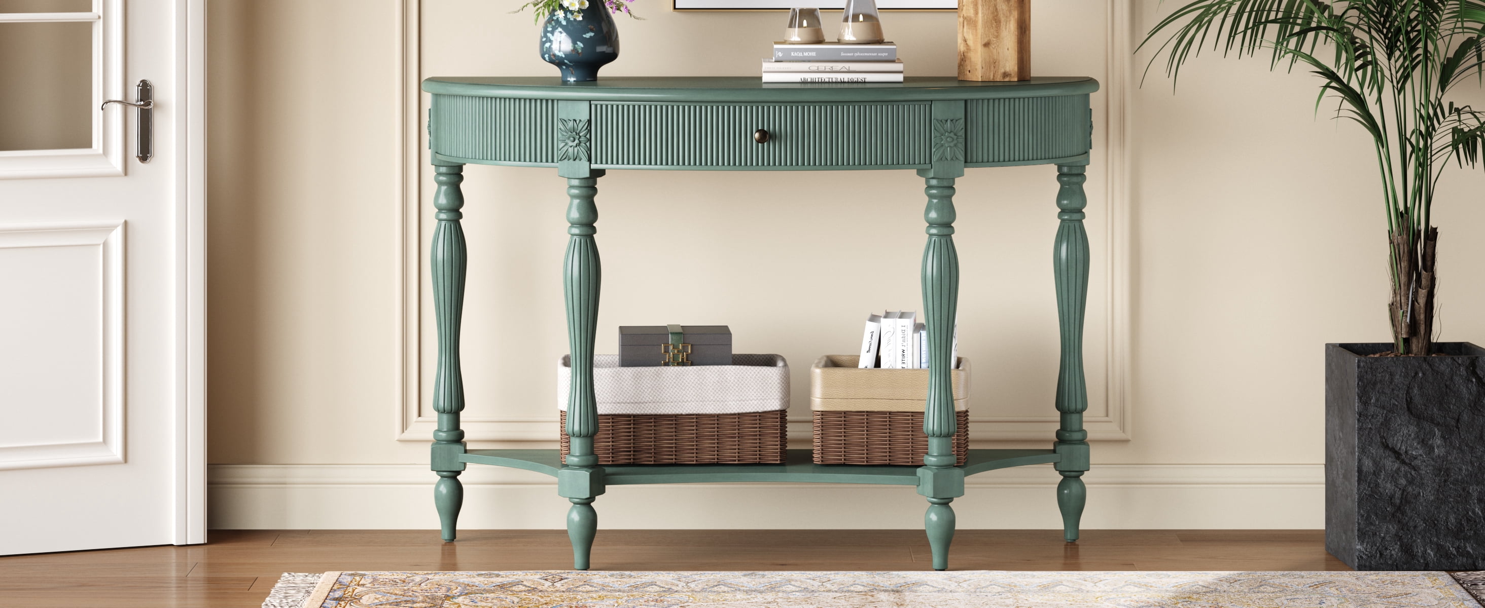 Solid Wood Half Moon Console Table with Drawer & Shelf, Fluted Vintage Curved Entryway Table for Hallway Living Room Foyer, Narrow Space Sofa Table with Roman Column Carved Legs, Rustic Green