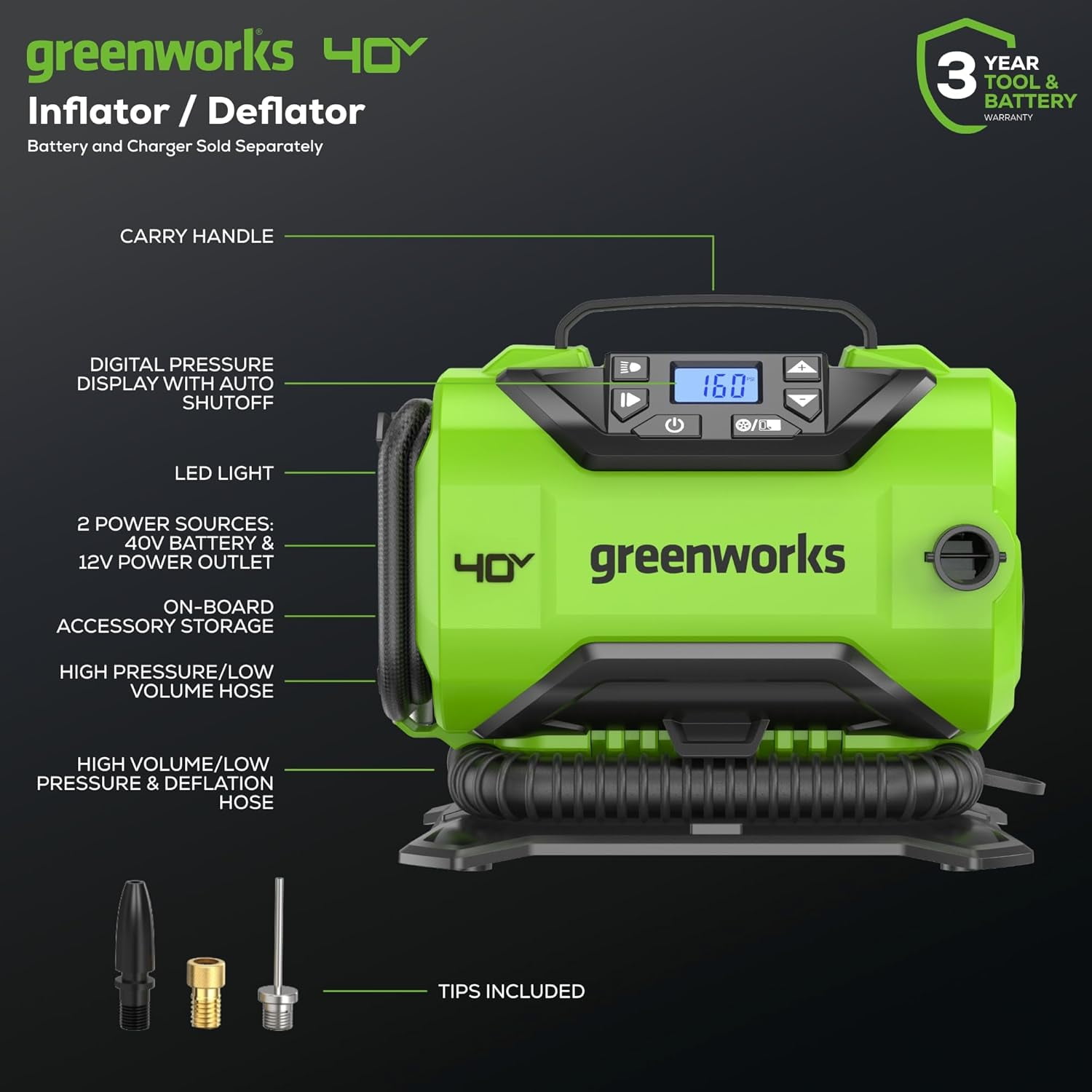 Greenworks 40V Cordless Tire Inflator, 160 PSI Portable Air Compressor, Tool Only