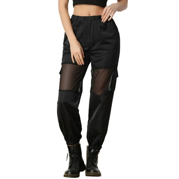 Pantalones cargo elásticos de malla para mujer de cintura alta, estilo holgado, talla XL, color negro
