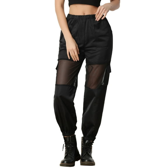 REFINED ATTIRE Mesh Panel Pant for Women's High Waist Sheer Sports Elastic Baggy Cargo Pants XS Black