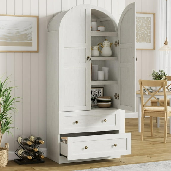 Kicctian 72" Tall Kitchen Pantry Cabinet with Arched Design,Wooden Storage Cupboard with Doors, Drawers and Adjustable Shelves, Versatile for Dining Room or Living Room, White