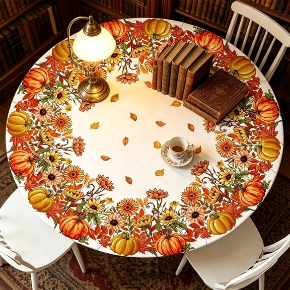 Fmbmuo Thanksgiving Round Table Cloth , Pumpkin Maple Leaf Fall Harvests Table Cover , for Thanksgiving Party Dinner Table Decoration