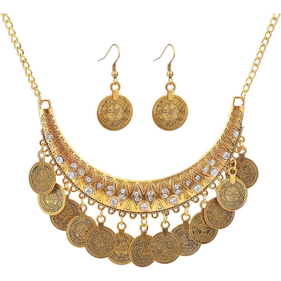 Chunky Coin Necklace Earrings Set,Bohemia Plated Gold Coin Tassel Personalized Choker Earrings,Ethnic Gypsy Statement Jewelry Set for Women