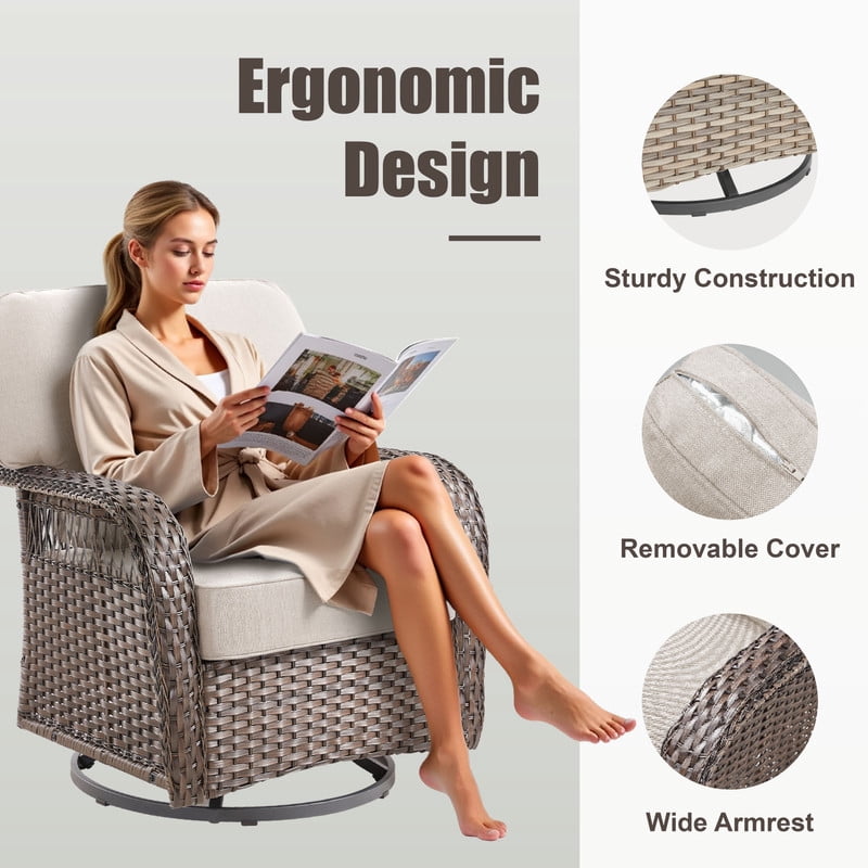 6 Piece Outdoor Wicker Furniture Sets,Patio All Weather Cushioned Conversation Sets with Swivel Rokcing Chairs, Ottomans and Sie Table for Backyard Porch Garden,Beige