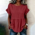 thumbnail image 3 of hoksml Women's Cotton Linen Ruffle Sleeve Peplum Blouse, Round Neck Casual Babydoll Top, Loose Fit Summer Daily Office Wear Shirt, 3 of 7