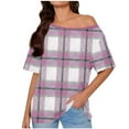 thumbnail image 2 of Inverlee Womens Short Sleeve Plaid Shirts Off Shoulder Tops Summer Casual Loose Outfit, 2 of 6