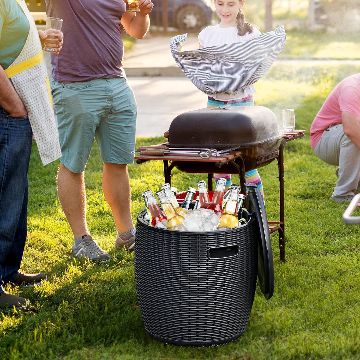9.5 Gal Cooler Bar Table – Patio Wicker Ice Cooler with 4-in-1 Design, Black, 16.73×16.73×17.32 in