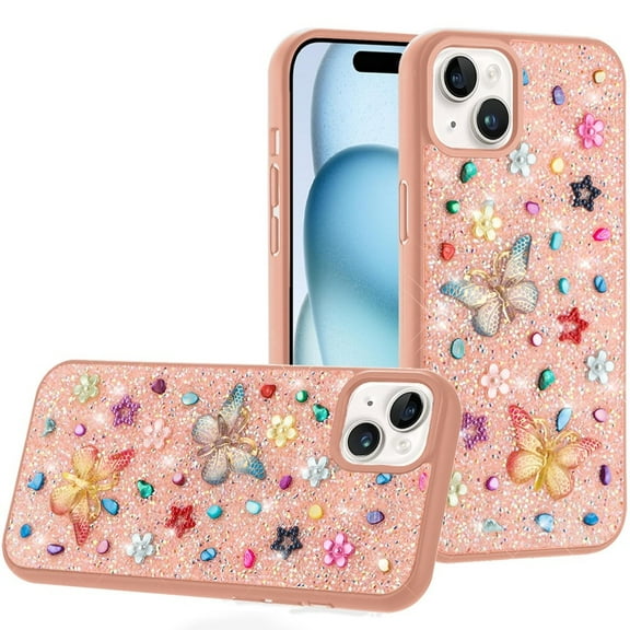 For iPhone 15 Butterfly Ornaments Diamond Bling Glitter Hybrid Case - Light Pink