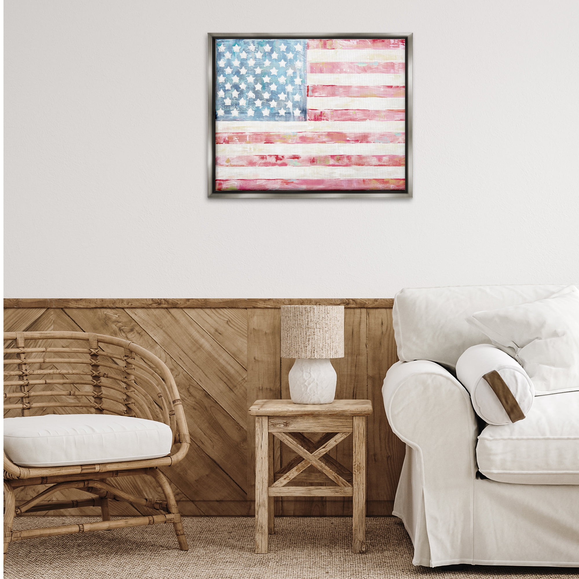 Stupell Industries Patriotic Brushed Flag Town & City Painting Gray Floater Framed Canvas Art Print Wall Art, 31 x 25