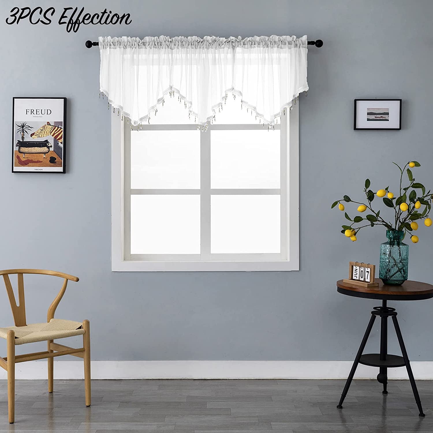 PearAge Curtains Valance for Living Room, Window Sheer Treatment for Kitchen, 51"W x 24"L White 1PC