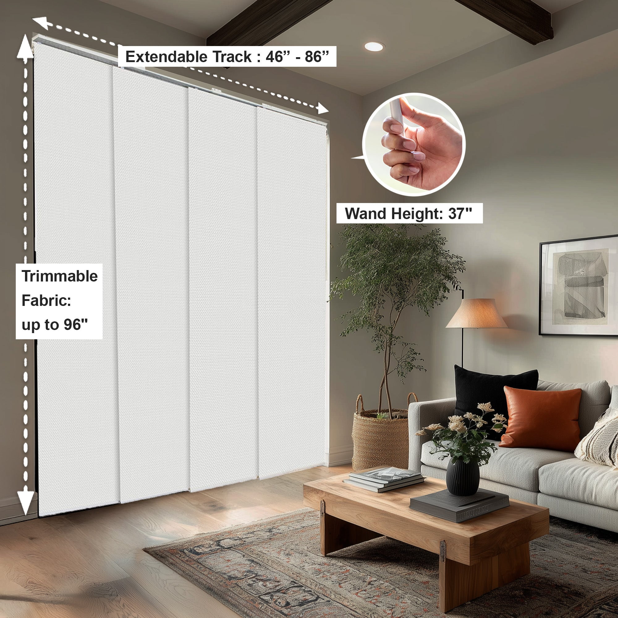 Chicology Adjustable Sliding Panel Blinds. Snow-bound, 46"-86"W X 0"-96"H