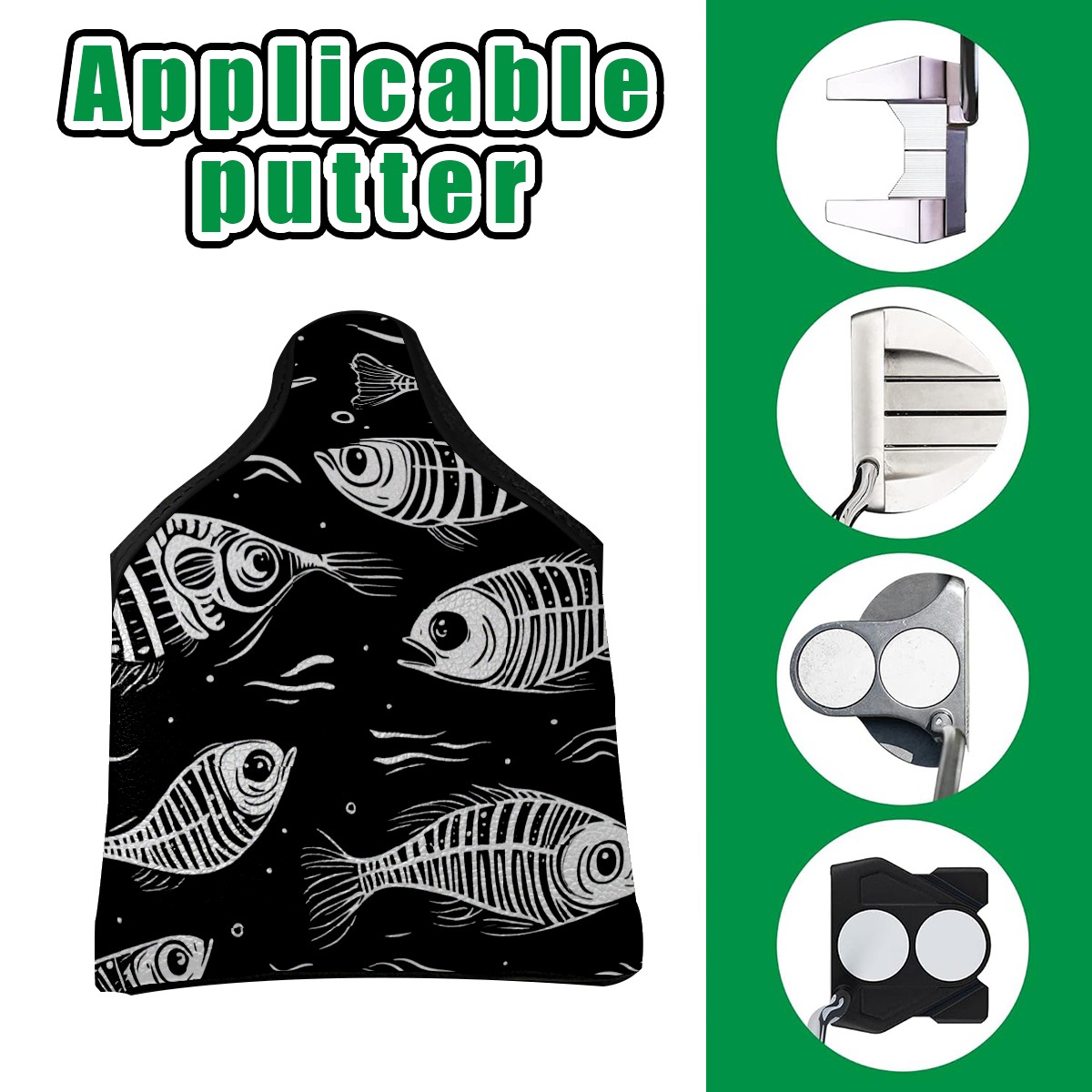 Golf Mallet Putter Cover Premium Leather Waterproof Golf Putter Head Cover with Magnetic Closure Fish Bones