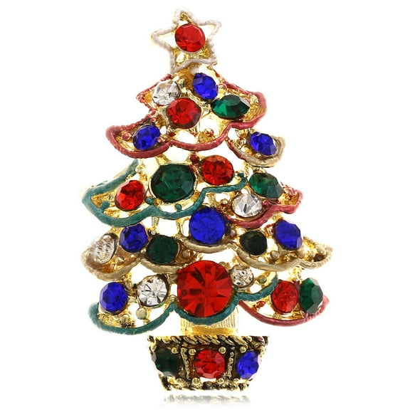 Multi Color Pine Christmas Tree Star Ornament Light Brooch Pin Gold Tone Design