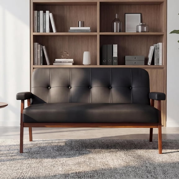 LAZZO 50" Leather Loveseat Sofa, Mid Century Small Couch with Wooden Arms for Living Room, Office or Bedroom, Black