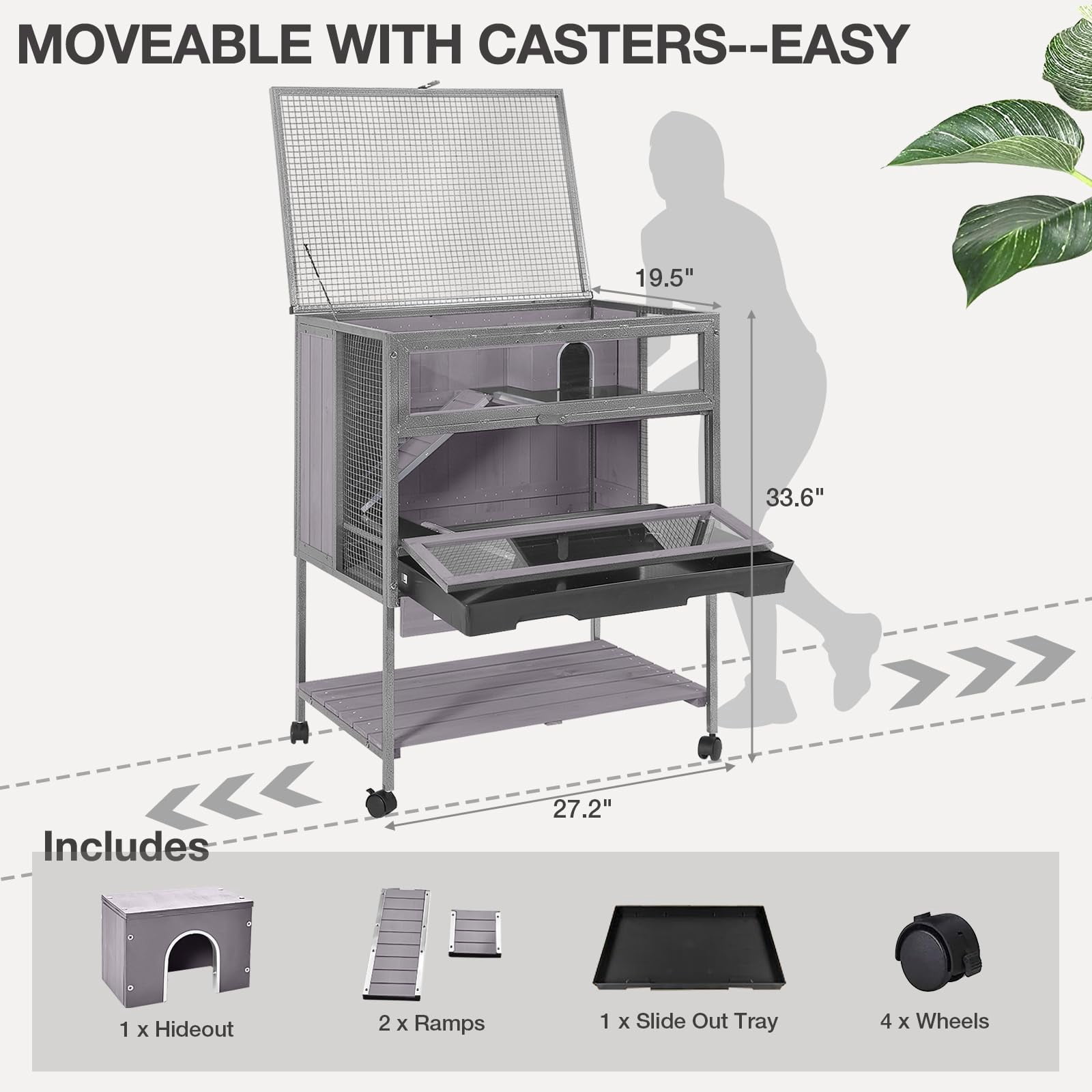 Metal Frame Guinea Pig Cage with Chew-Proof Aluminium Alloy Edges, Hideouts, Ramps, Seesaws, Leakproof Tray for Small Pets Indoor Outdoor Use, Grey