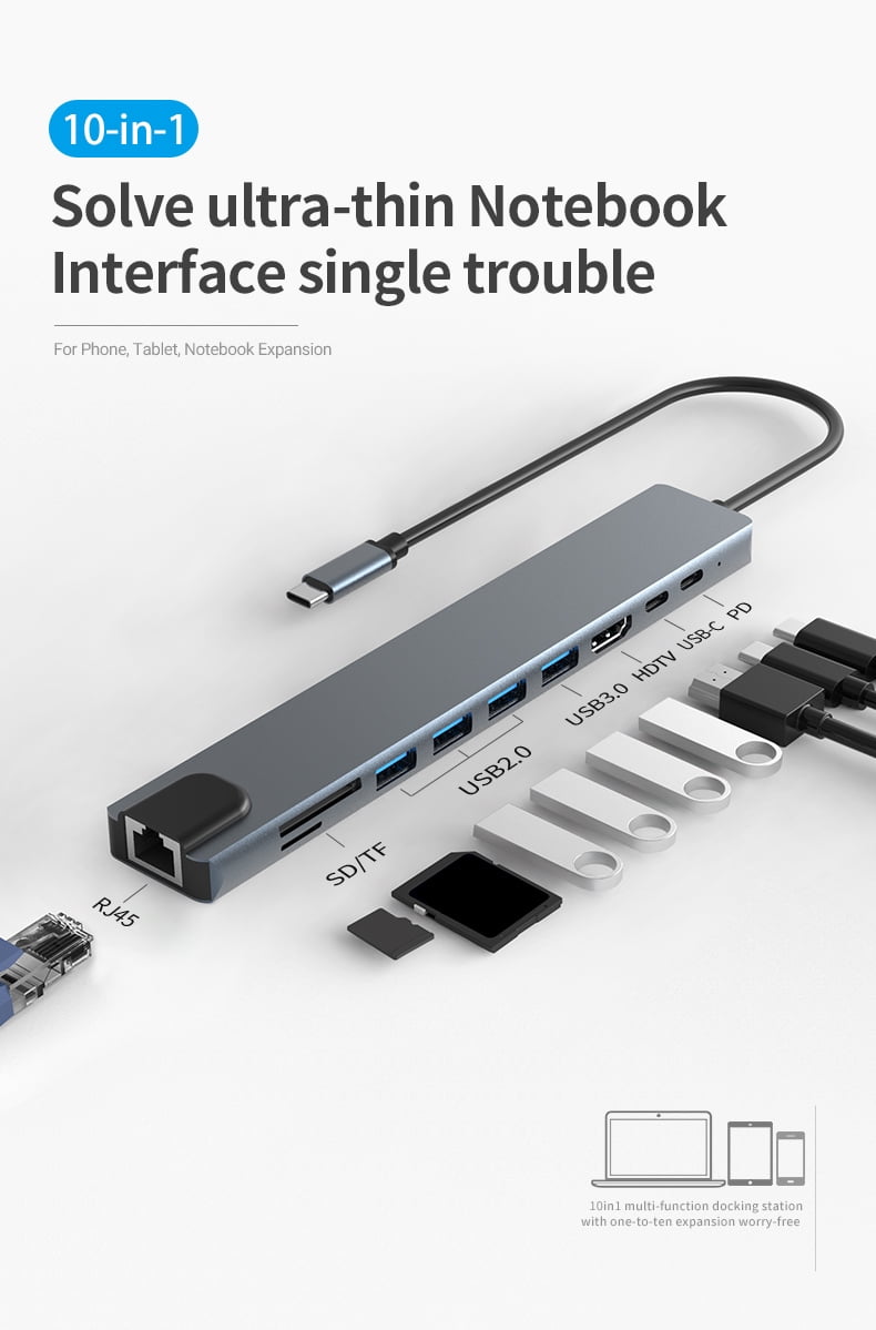 DOONJIEY 10 IN 1 Type C Docking Station Multi-port Adapter USB C Hub with 4K HDTV,RJ45 100M,USB3.0/2.0,PD 100W,TYPE C 2.0,SD/TF for Mac