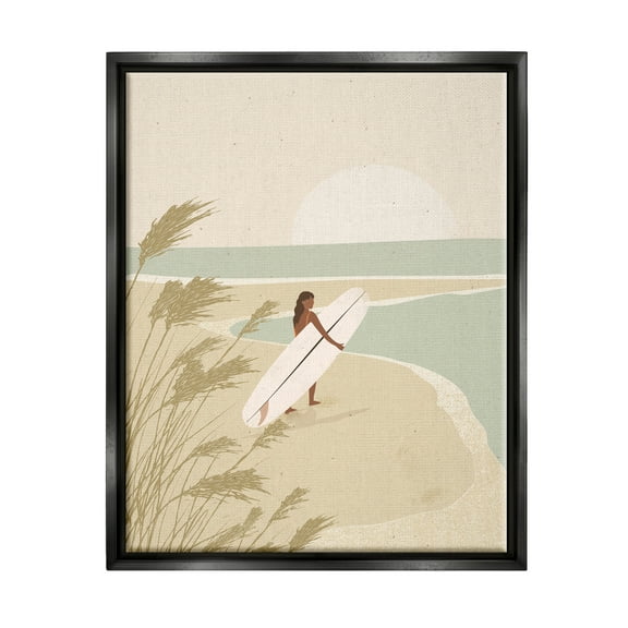 Stupell Industries Neutral Beach Sunset Surfing Woman Coastal Painting Black Floater Framed Art Print Wall Art