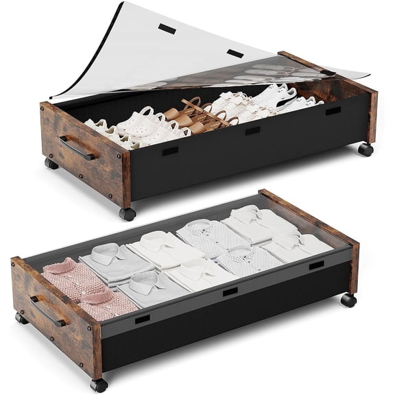 Under Bed Storage with Wheels, Rolling Underbed Storage Drawers, Wooden Under the Bed Storage with Remove Lid, Large Metal Storage Bins for Shoes Blankets Clothes Bedrooms Dorms (Vintage Brown-2pack)