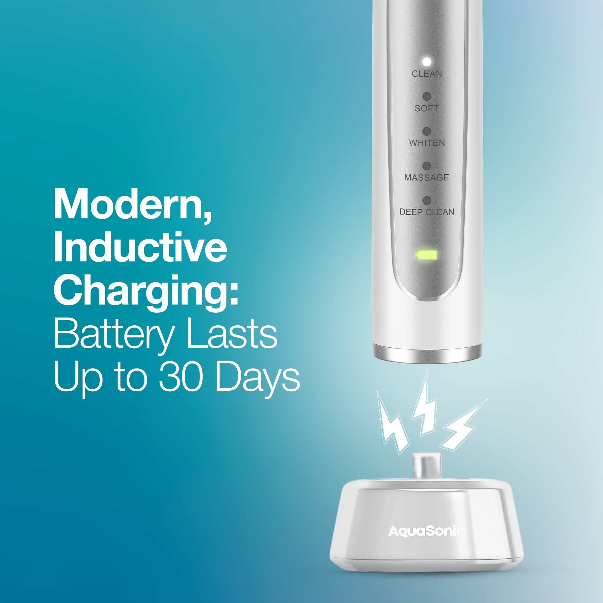 AquaSonic Precision Rechargeable Electric Toothbrush, 5 Modes, 30-Day Battery, Travel Case + 4 ProFlex Brush Heads - White