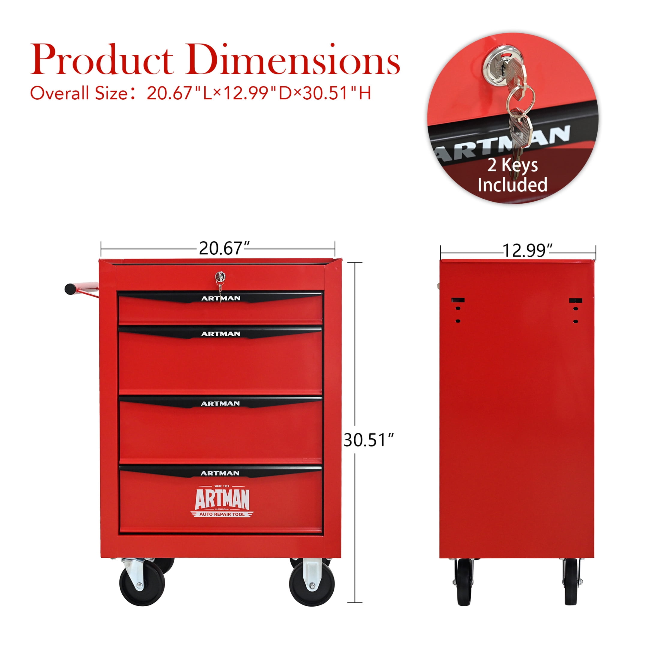 Noble House 4-Drawer Mobile Steel Tool Organizer with Key Lock, Ball Bearing Slide Storage Cabinet Box, Red