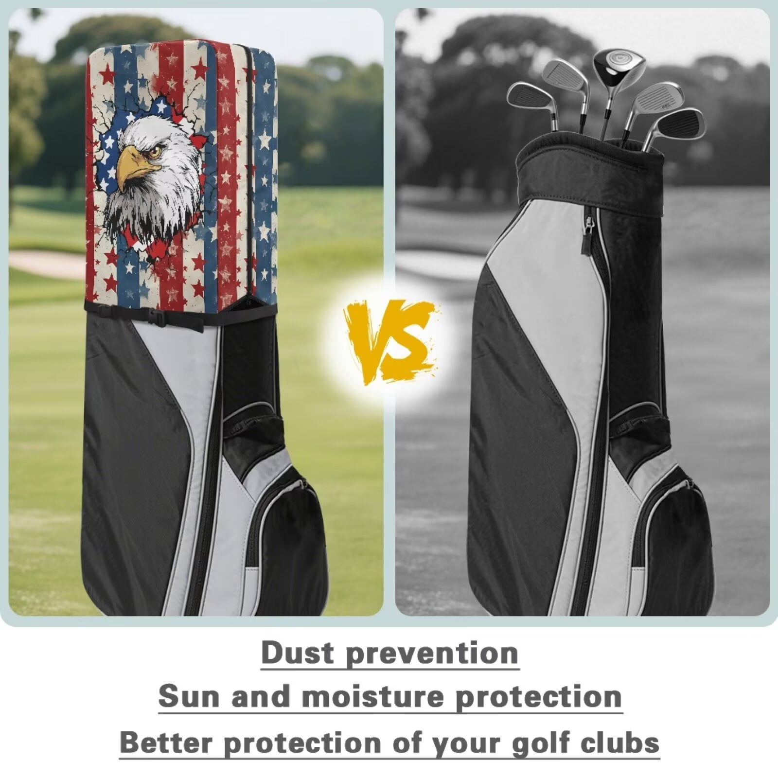 Chririnla Eagle Golf Bag Rain Cover American Flag Waterproof Dustproof Hood with Snap Button & Zipper Universal Fit for Most Tour Bags, Carry Bags, Cart Bags & Stand Bags