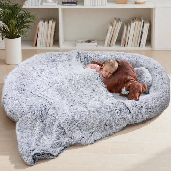 Human Dog Bed, 75''x45''x10'' Large Size Fits for Adults, Washable Cover Dog Bed with Pillow and Blanket, Light Gray