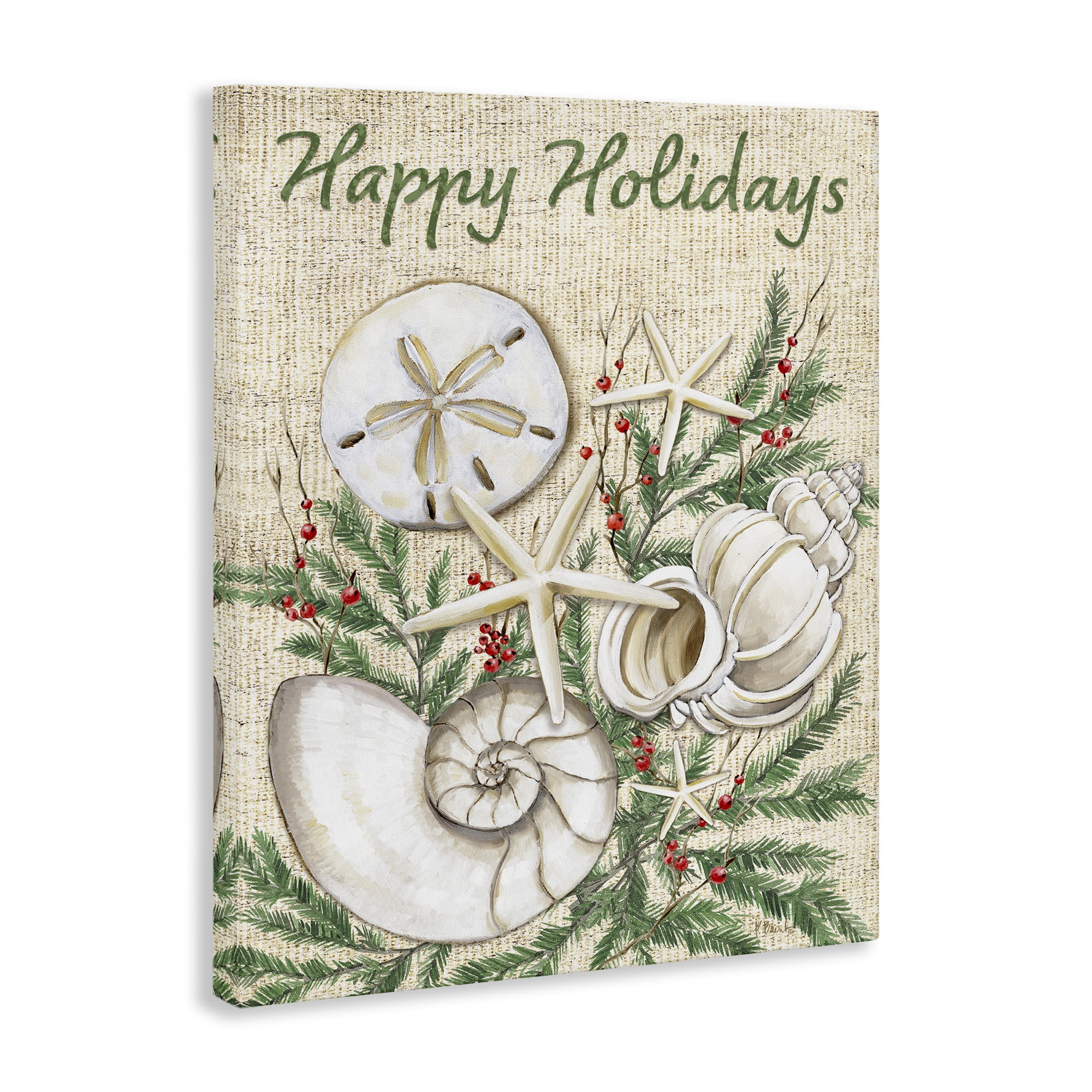 Stupell Industries Festive Seashells & Holly Holiday Painting Wrapped Canvas Art Print Wall Art, 16 x 20