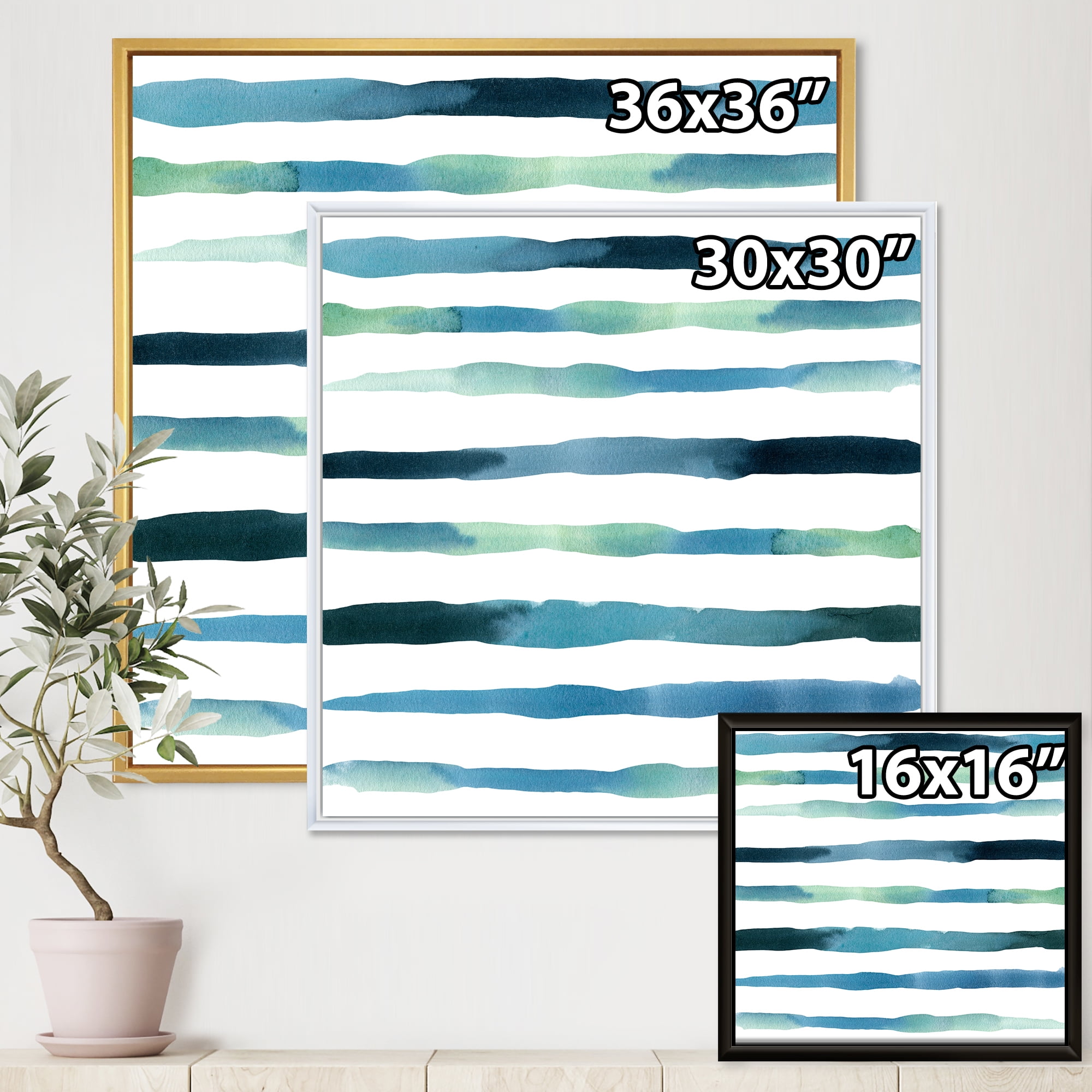 Dark Blue Verticals Aquatic 16 in x 16 in Framed Painting Canvas Art Print, by Designart