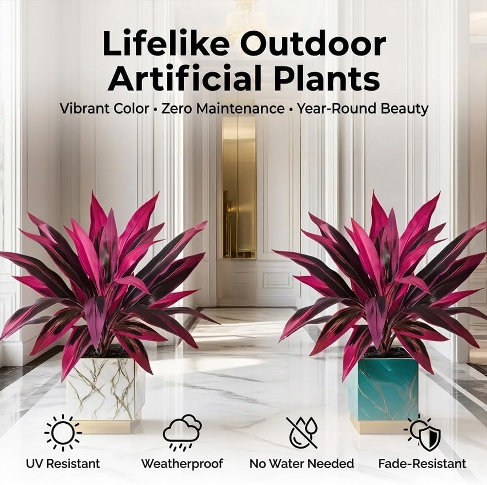 2PCS Large Realistic Artificial Boston Fern & Dragon's Blood Tree Plants with Vibrant Pink/Purple Leaves, UV Resistant Fake Ferns for Outdoors Outside Garden Patio Wedding Balcony(2pcs)