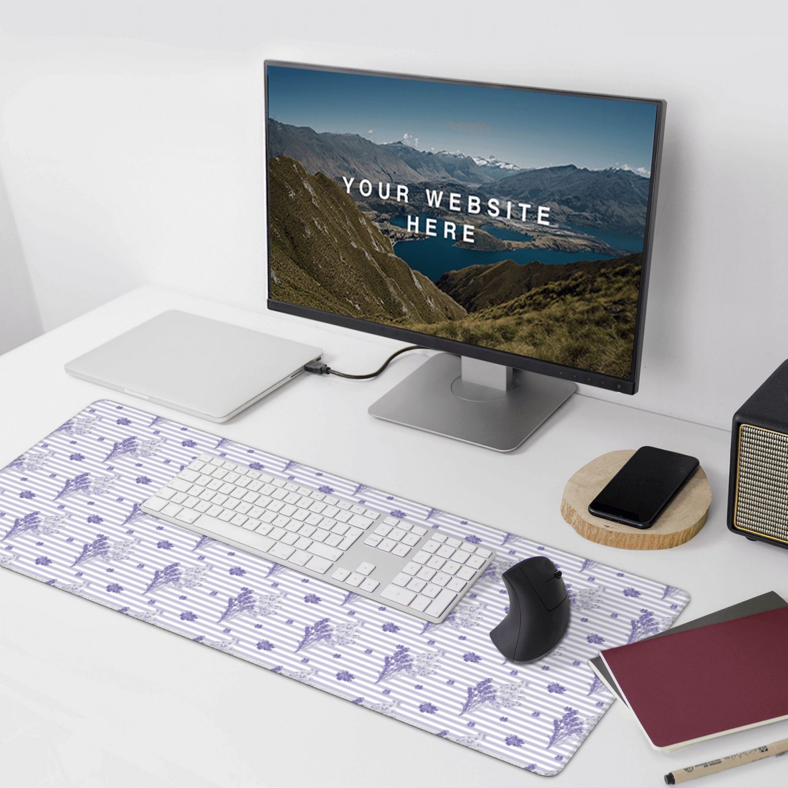 Xecao Stripes and Sprigs of Lavender Print Large Mouse Pad, 16x35.5in Mousepad, Professional Non-Slip Rubber Base Big Mouse Pad, Mouse Pad for Gaming & Office Full Desk Mouse Pad