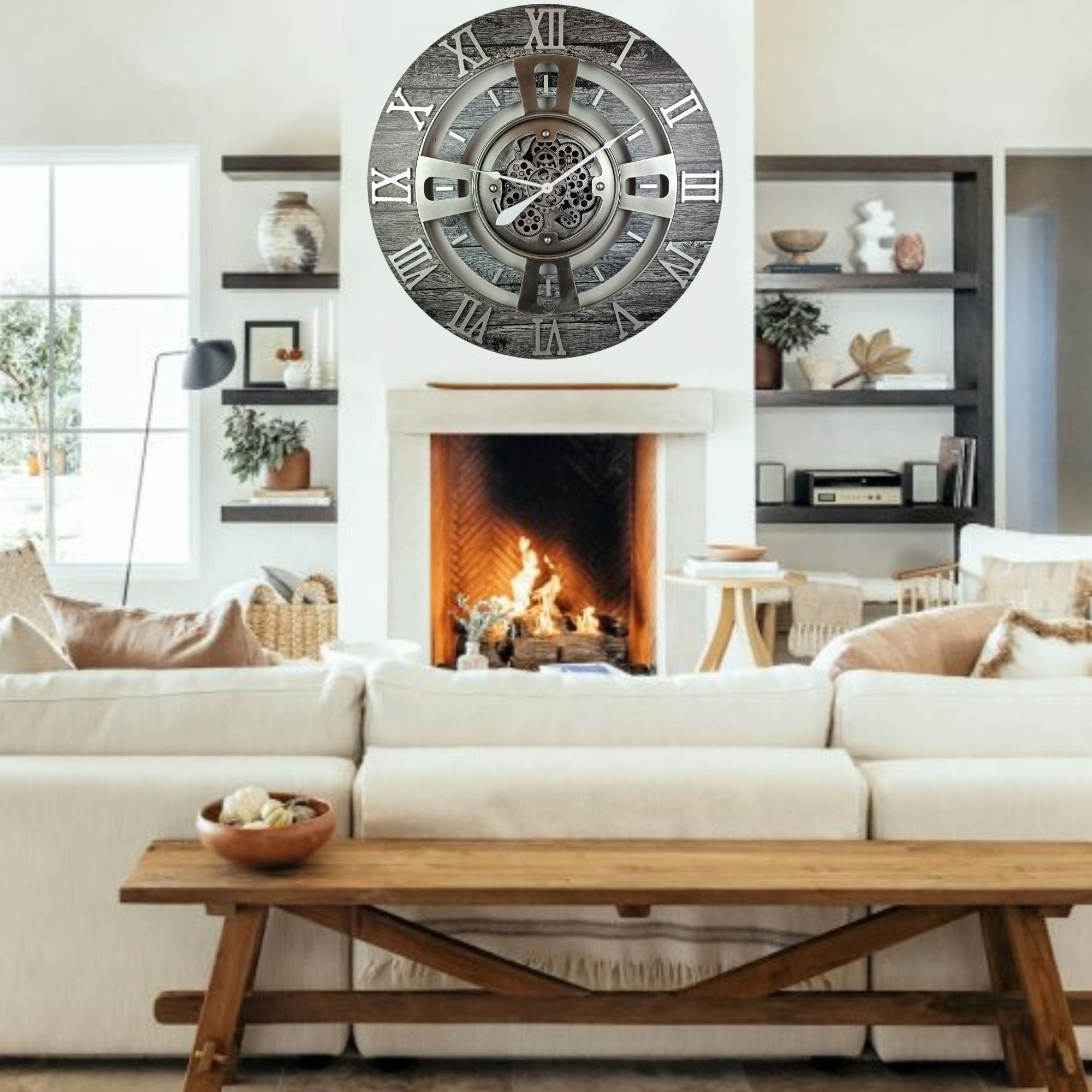 THE GEARS CLOCK Wall Clock with Real Moving Gears EN-LI_ 24 in Round Carbon-Grey