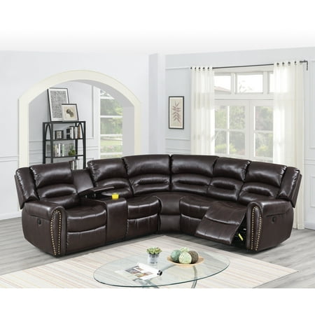 Modern Reclining Motion Home Theater Sectional w Console Living Room Movie Family Bonded Leather Brown Color
