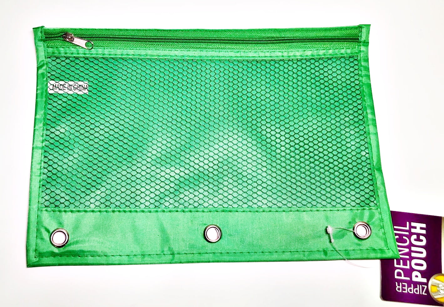 3 Ring Zipper Pencil Pouch with Mesh Window, Green