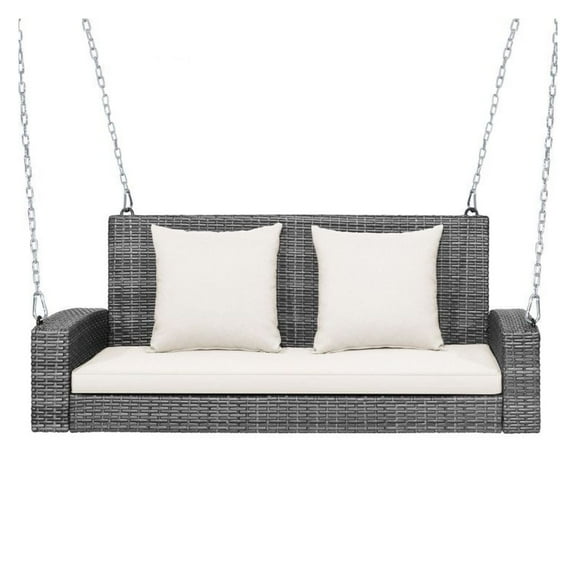 Yunken 2-Person Patio PE Wicker Hanging Porch Swing Bench with Cushion, Heavy Duty 800LB Capacity Outdoor Furniture for Garden and Backyard