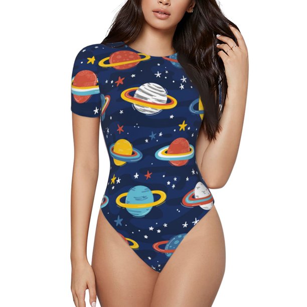 Balery Planets and Stars Body de cuello redondo de manga corta para mujer Tops de manga corta Tops básicos-Medium