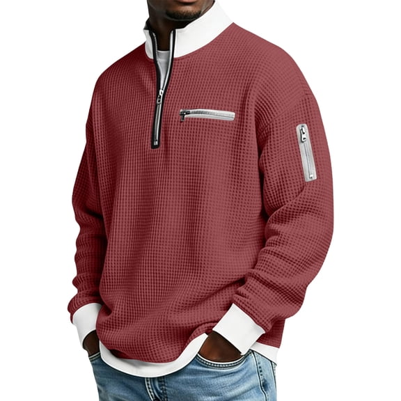 Domuza 2026 Men's Casual Fashion up Collar Contrasting Zipper Waffle Sweatshirt,Daily Loose&Simple Half Zip Pullover Sweatshirt Wine 4XL
