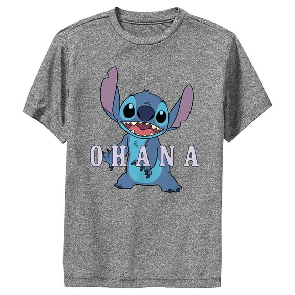Boy's Lilo & Stitch Ohana Happy Stitch  Performance Graphic Tee Charcoal Heather Small