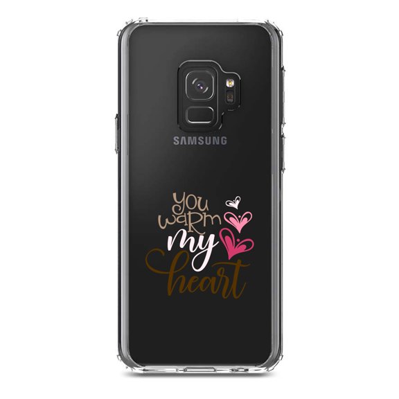 DistinctInk Clear Shockproof Hybrid Case for Samsung Galaxy S9 (5.8" Screen) - TPU Bumper Acrylic Back Tempered Glass Screen Protector - You Warm My Heart - Coffee