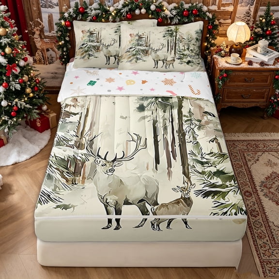 Erosebridal Watercolor Deer Family Zipper Twin Comforter Sets with Fitted Sheet and 2 Pillowcases for Girls, Sage Green Snowy Pine Tree Zipper Bedding Set, Christmas Reversible, 4 Pieces