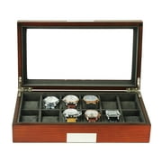 TimelyBuys 12 Cherry Wood Watch Box Display Case Storage Jewelry Organizer with Glass Top, Stainless Steel Accents, and Oversized Black Pillows