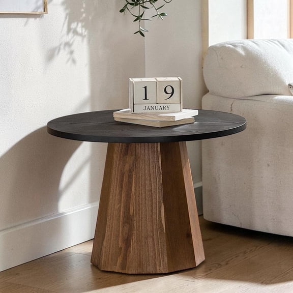 GZXS 23.6" Round Coffee Table with Woodgrain Veneer Top & Pedestal Base, Small Circle Accent Table for Living Room, Black Wood