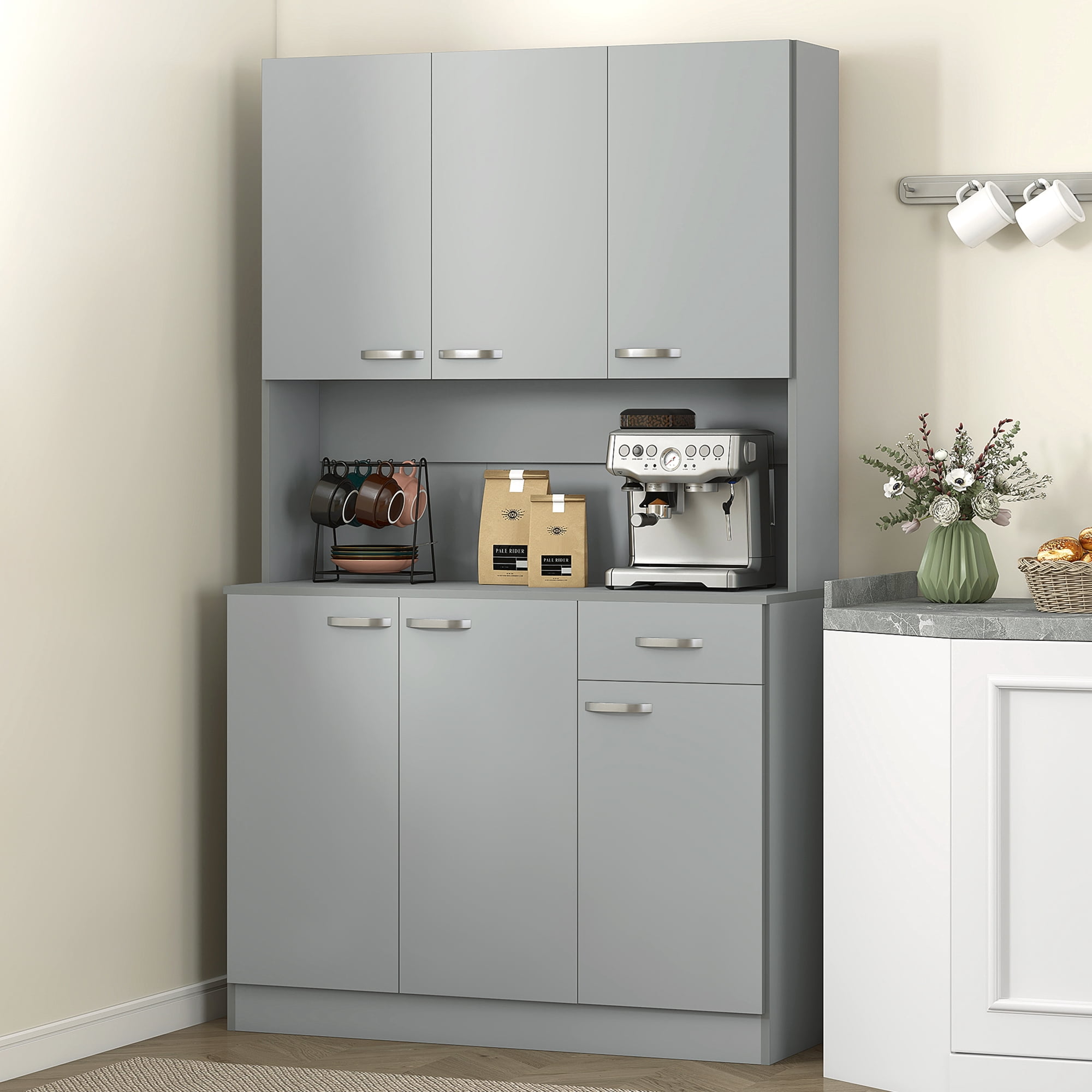 HOMCOM 71" Freestanding Buffet with Hutch, Kitchen Pantry, Cupboard with 6 Doors, 3 Adjustable Shelves, and 1 Drawer, Gray