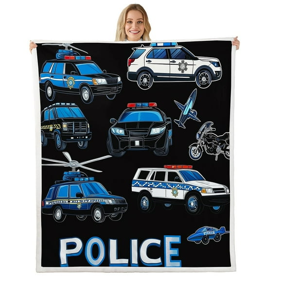 Police Car Blanket Blue Red Cop Lights Decor Throw Blanket for Boys Girls Policeman Vehicle Fleece Blanket Geometric Stripes Fuzzy Blanket Cartoon Police Car Sherpa Blanket 40"x50"