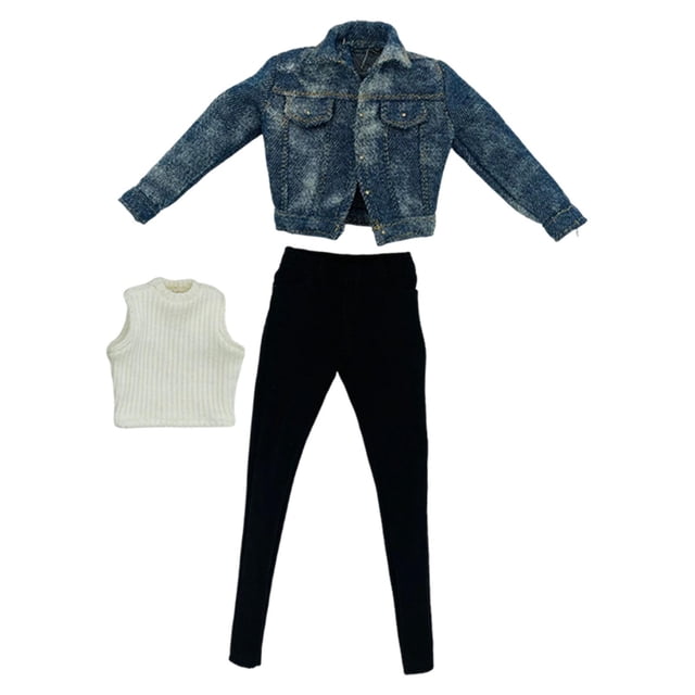1: 6 chaqueta jean femenina con botón de mezclilla con botón de mezclilla incluye pantalones y chalecos para una muñeca femenina a escala de Azul oscuro