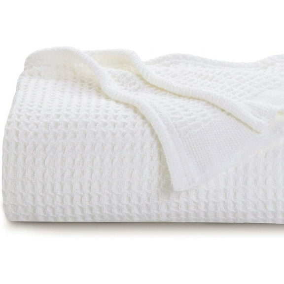 White Waffle Weave Soft Lightweight Queen Size Bed Blanket, 90x90in - 100% Cotton, Travel Blanket, Throw Blanket for Sofa, Bed, Couch