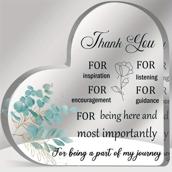 Elegant Heart Shaped Acrylic Thank You Plaque 3.9X3.9 Inch Clear Teal Golden Leaf Design Cursive Lettering Custom Name Message Gift for Teachers Coworkers Friends Hostess Home Office